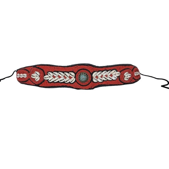 Vintage Ladakh Statement Belt Red Coral Seed Bead Turquoise Brass Cowry Shell main image 11
